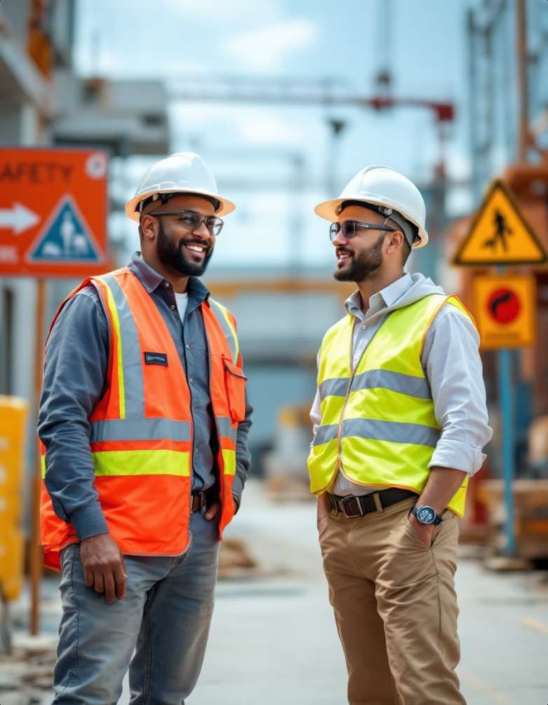 Two HCS site personnel in hard hats and high-visibility vests on a project site